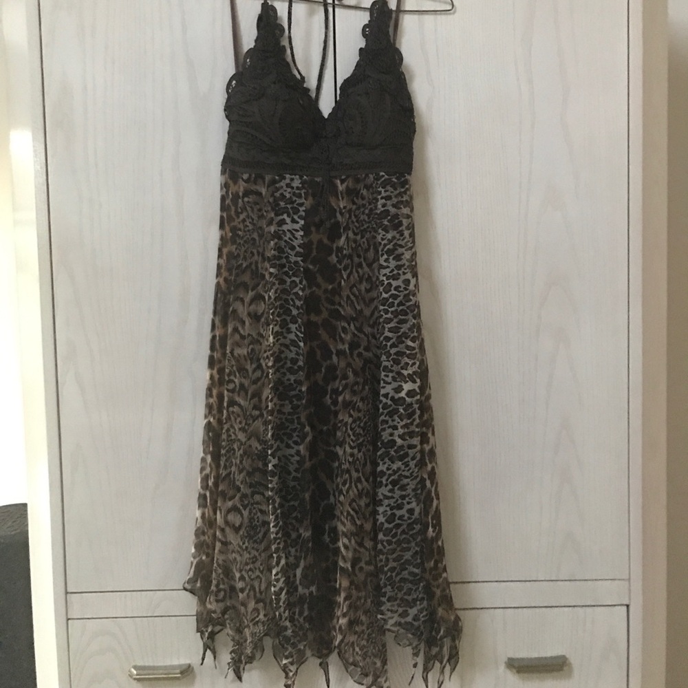 Cache Brown and Black Leopard-Print Lace Bodice Slip Dress